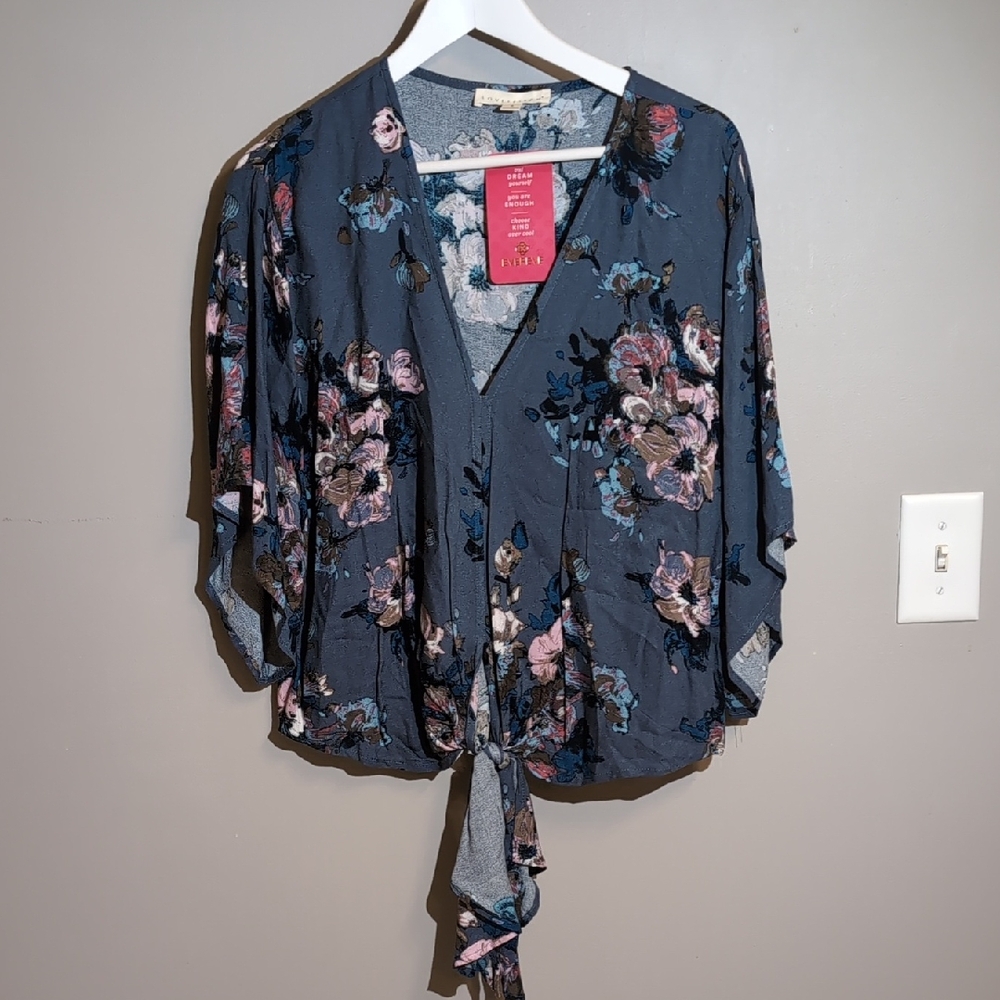 NWT Lovestitch Dark Blue Floral Faux Wrap Blouse